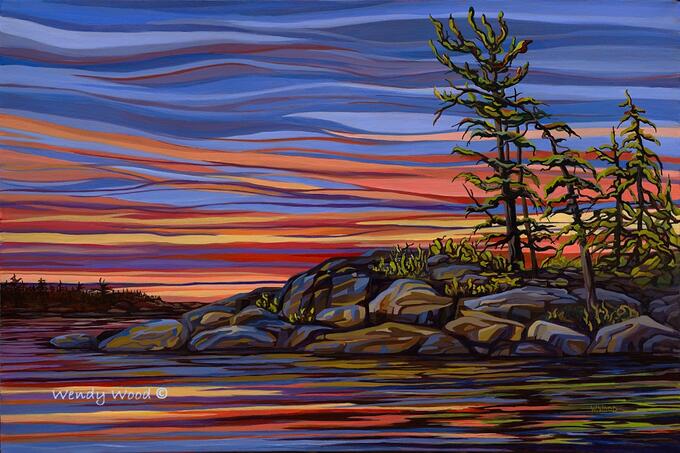 painting of rocky lakeshore with green conifer trees and orange, pink, magenta and blue sunset, titled "A Sunset for George" by Wendy Wood