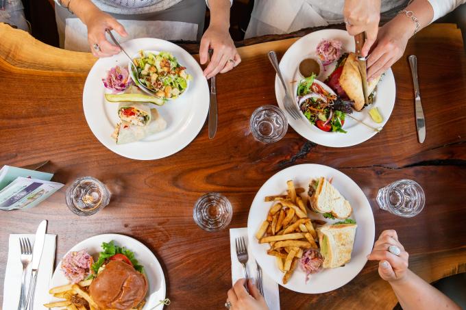 An overhead view of a table at a restaurant.