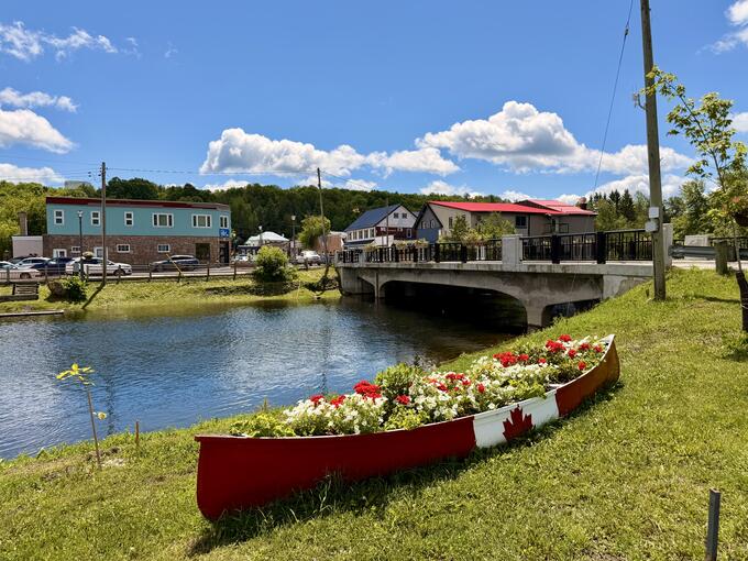 A view of a river with a bridge over it