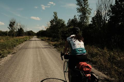 image showing back of cycler pedaling down tree-lined gravel road under blue sky
