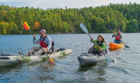 family of kayakers paddling on lake with green forest in background