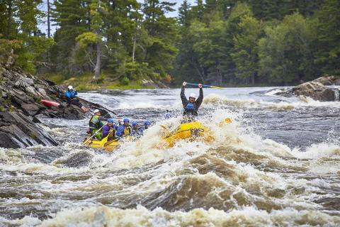 yellow raft full of paddlers on raging river surrounded by mossy boulders and green forest; one paddler is shouting and has paddle raised above his head
