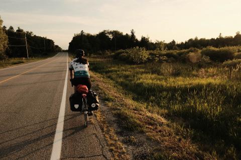 image of back of person riding bike down the shoulder of empty road surrounded by green forest and tall grass, with long shadows and golden evening sun