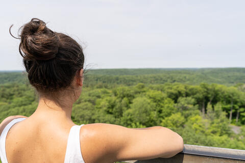 A woman stands looking out over a forest.