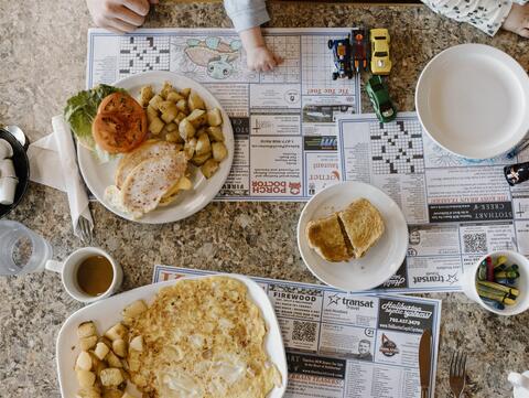 Overhead shot of a table with food on it