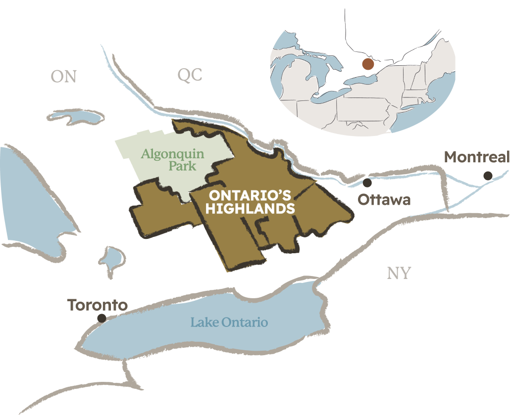 Illustrated map of Ontario's Highlands region
